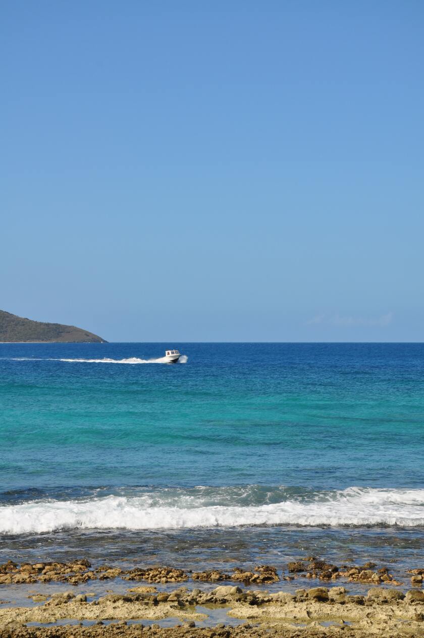 A small white boat crosses a bay with a mountain in the background and the rocky shoreline in the foreground