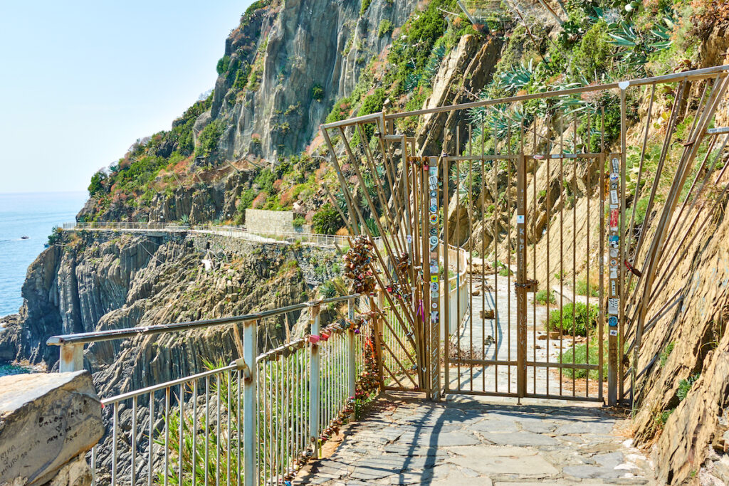 Via dell'Amore, the road between Riomaggiore and Manarola, Italy, closed for maintenance in July 2019.