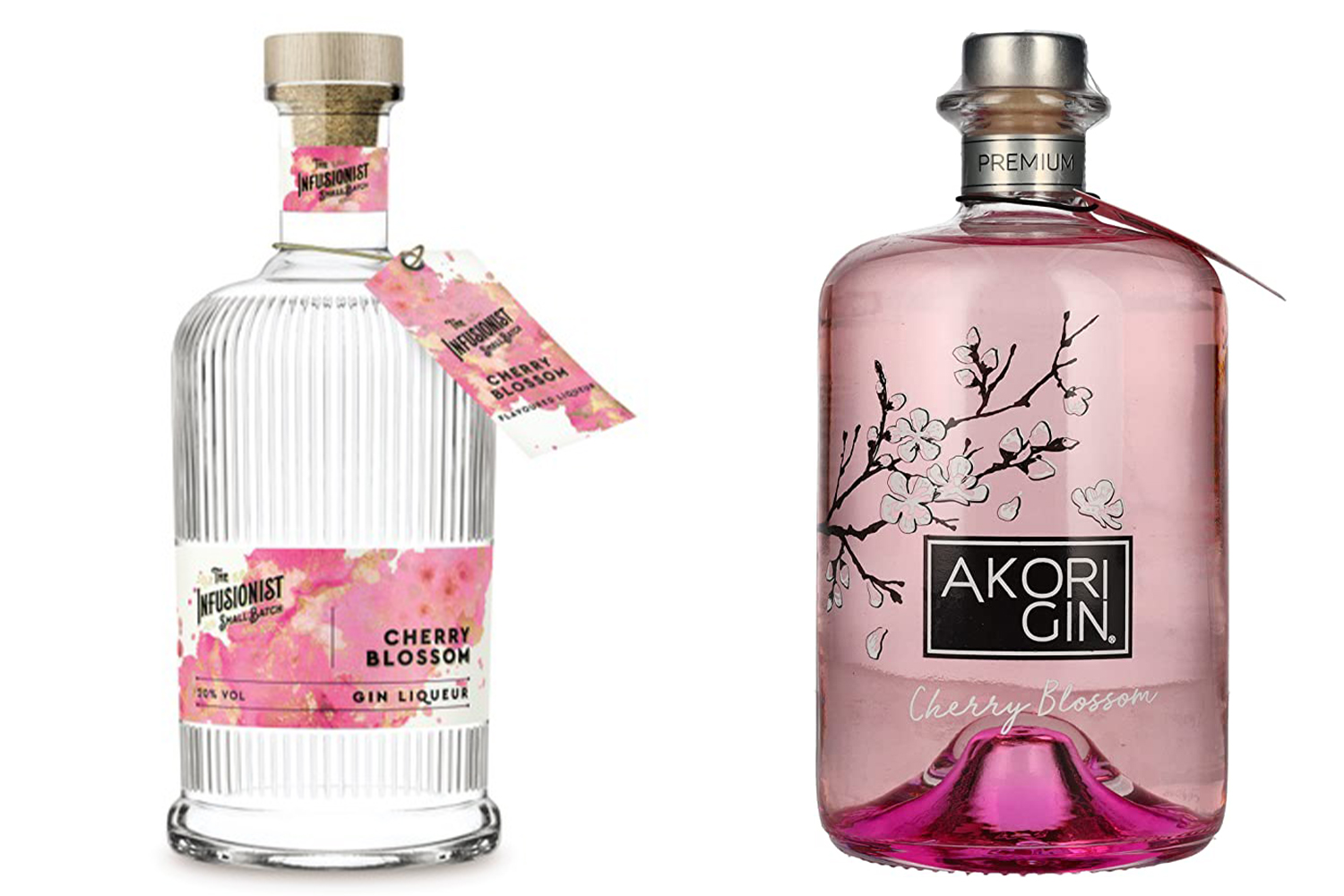 Save £19 by swapping Akori Cheery Blossom gin, right, for Aldi's version left