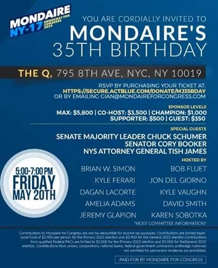 Representative Mondaire Jones hosted a fundraiser at the Q for his 35th birthday on May 20, 2022 – charging $300 per guest.